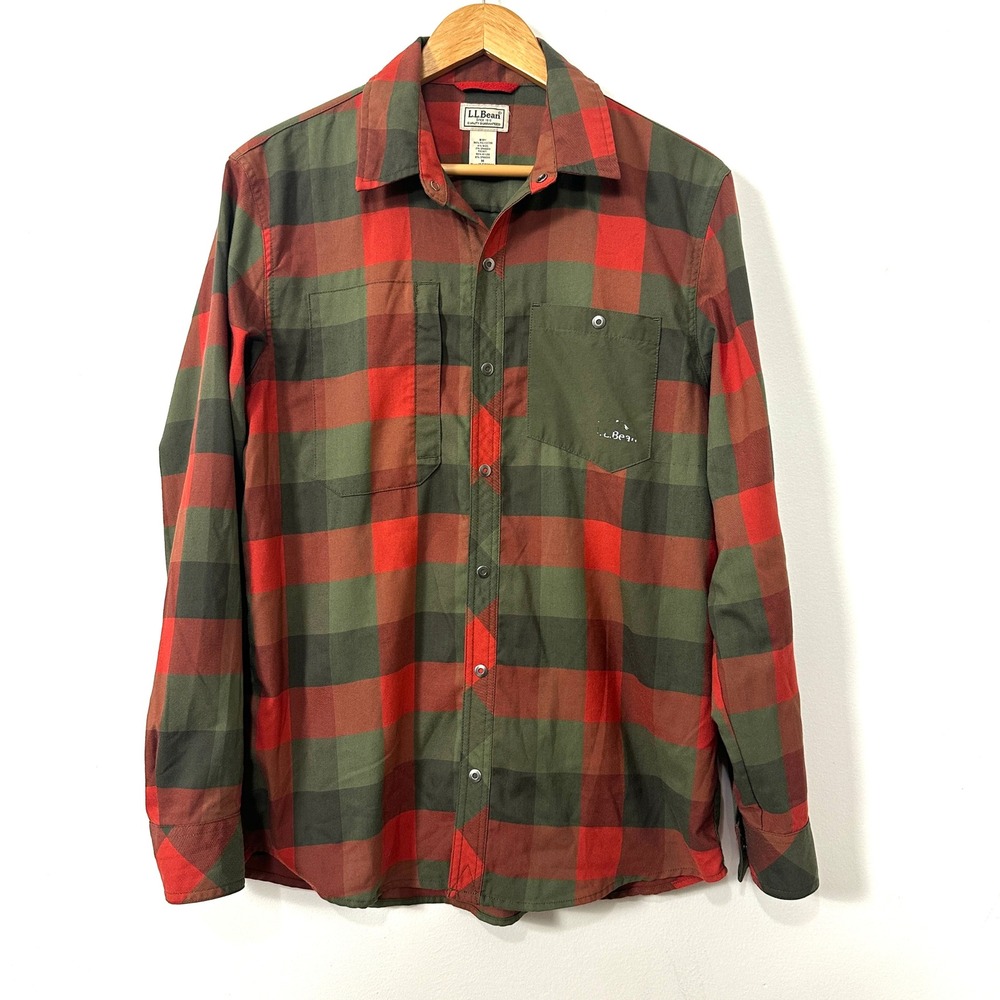 LL Bean Performance Flannel Shirt M Trail Stretch Red Green Plaid Snap Gorpcore